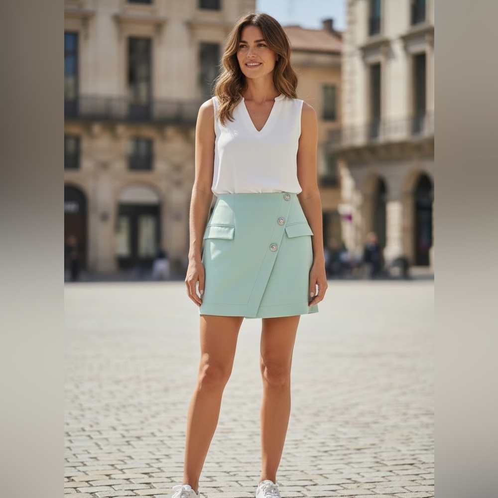 Balmain Sky Blue Mini Skirt with Silver Buttons - Picture 2 of 5